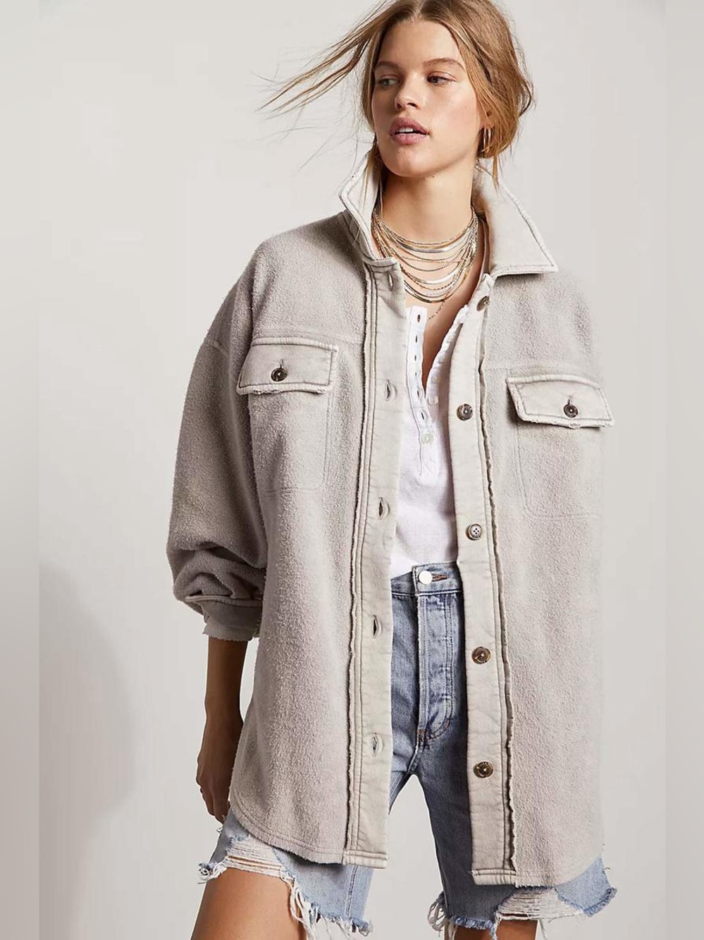 Free People Viral Trending Ruby Jacket Oversized Shacket in Stone Size Small - Picture 2 of 7